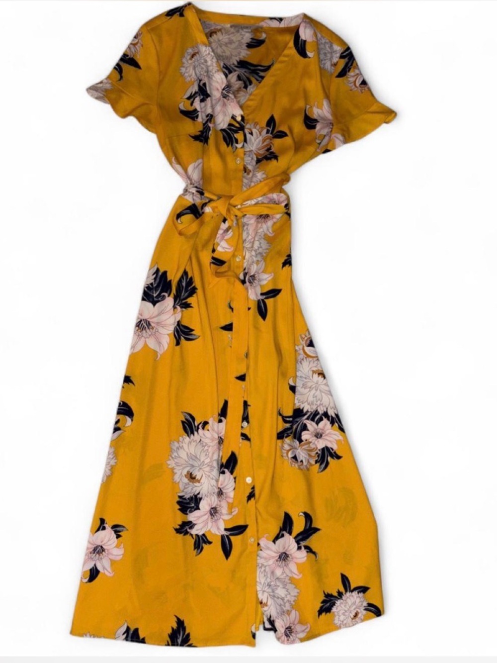 LOFT Mustard Yellow Floral Button-Front Maxi Dress